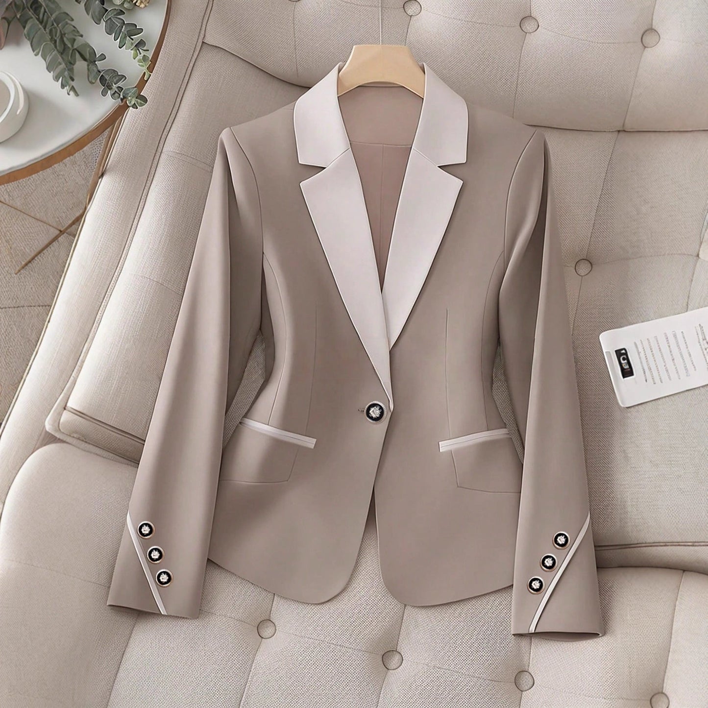Women’s Contrasting Color Blazer – Elegant Button Formal Jacket