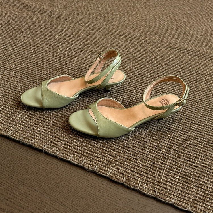 2026 Summer New Women Gentle Retro Sandals, Minimalist Fashion Comfort Kitten Heel Elegant Daily Commute Shoes, Green
