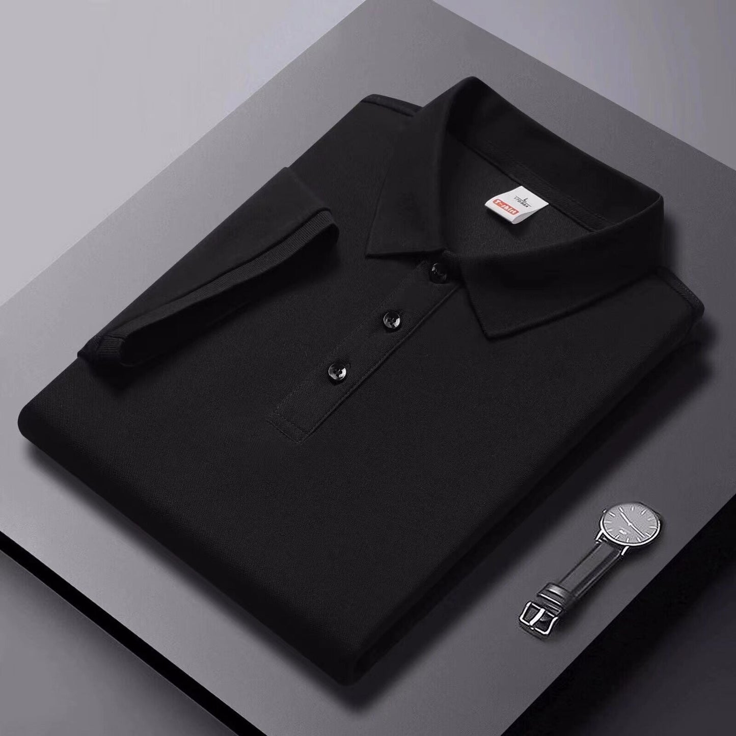 Solid-color Summer Mens Clothing Lapel Half-sleeve High-end Trendy Casual Plain Top