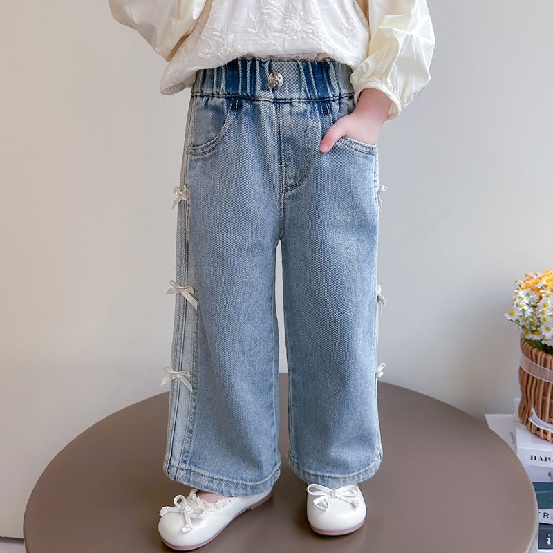New Autumn Denim Wide-Leg Straight Pants With Bow For Kids