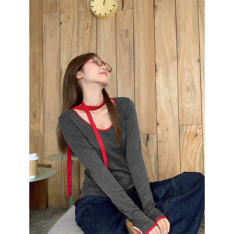 Spicy Girl-style Contrast-color Snood With Striped Long Sleeves For Layering