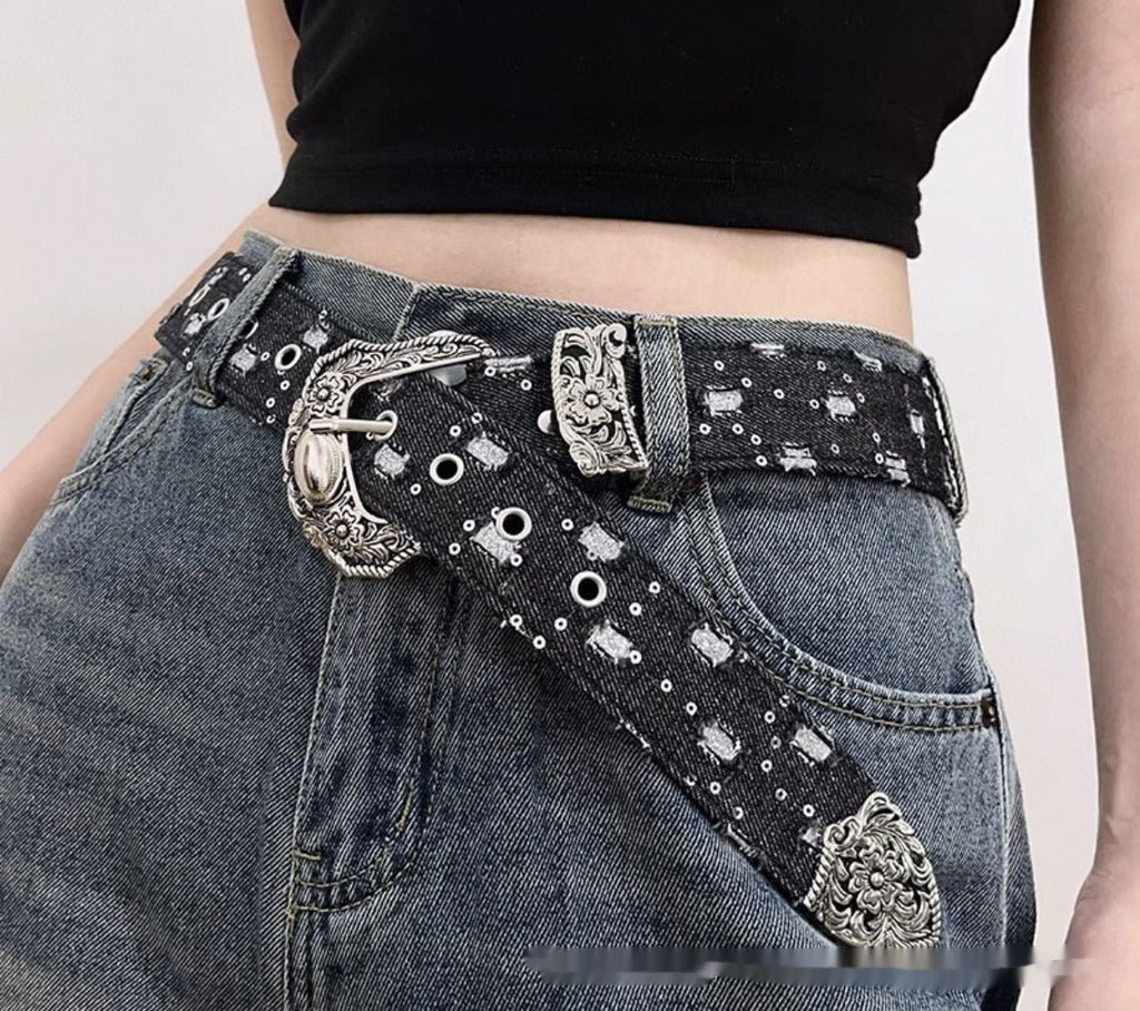 Blue Denim Belt Vintage Carved Leather Belt Accessory