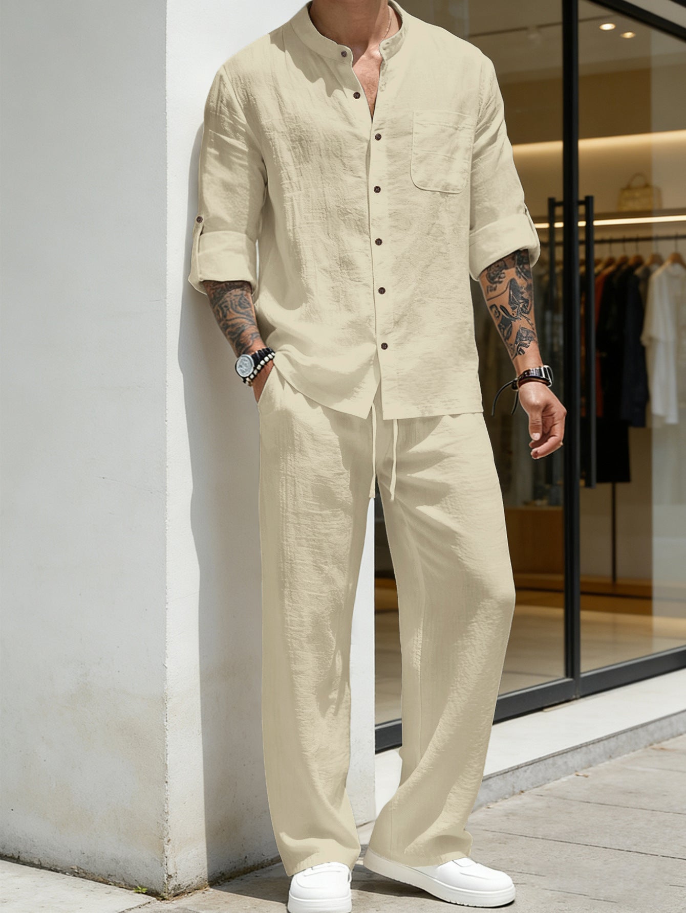 Mens Solid-Color Linen Long-Sleeve Shirt And Pants Two-Piece Set