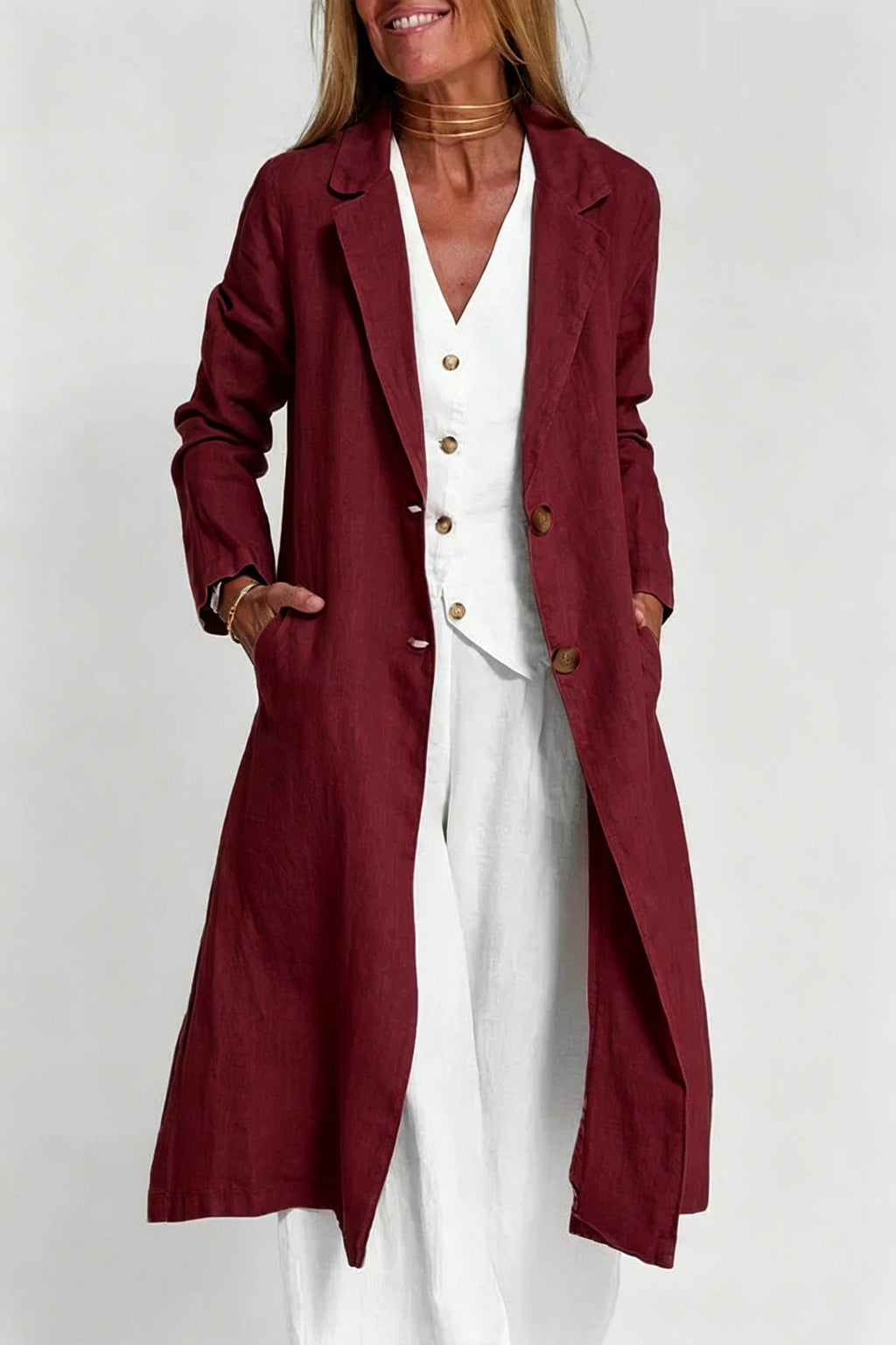 Long-sleeve Buttoned Cotton-linen Trench Coat With A Suit Collar