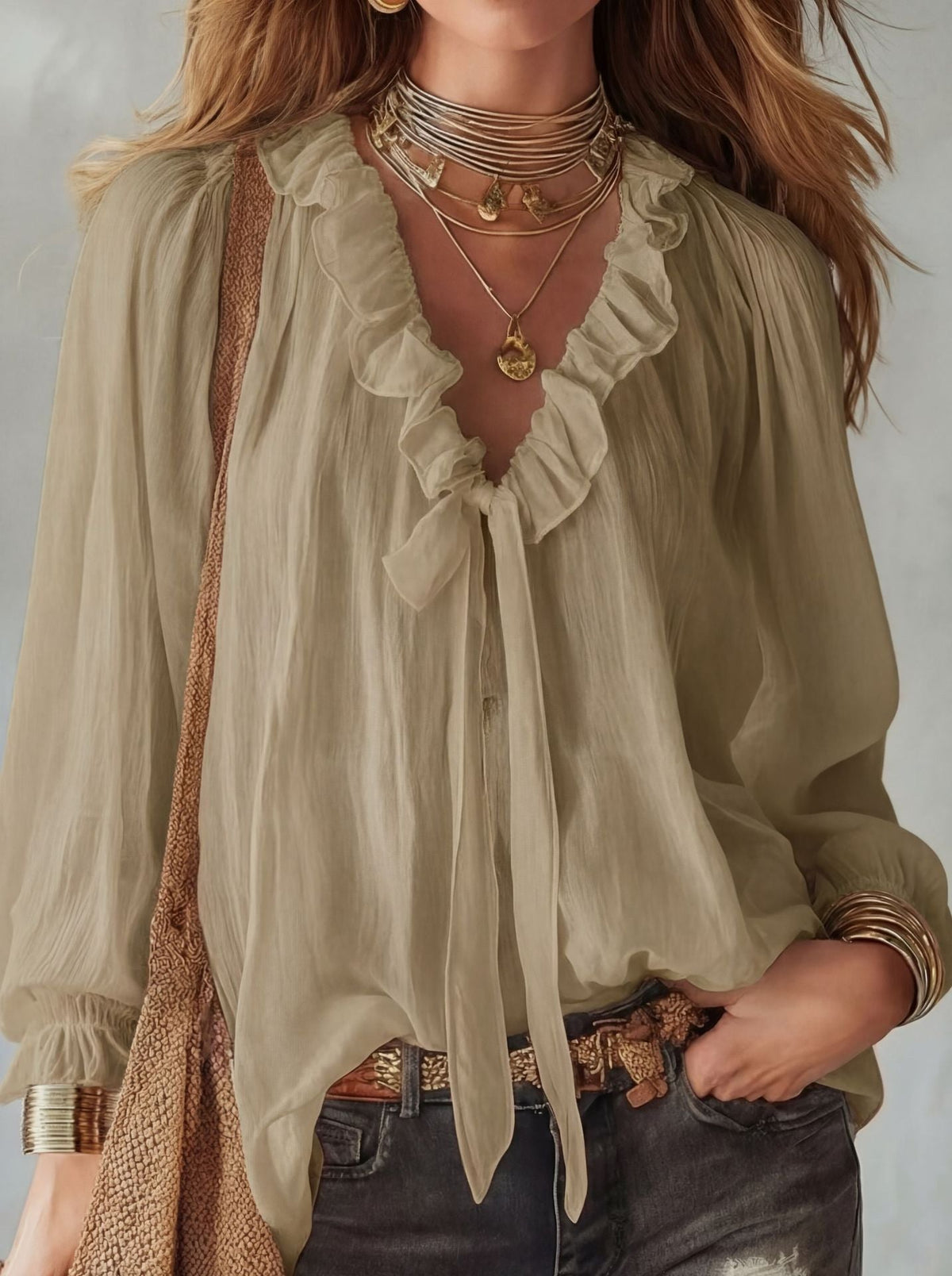 Casual Loose Fashion Ruffle Tie V-neck Shirt Top
