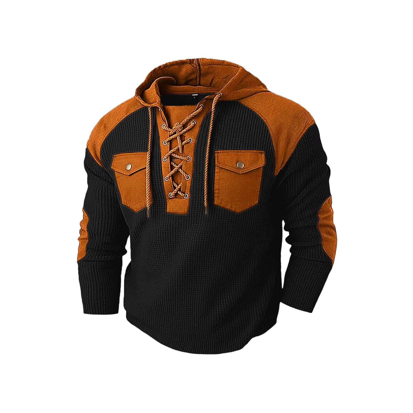 Mens Waffle-Weave Hooded Long-Sleeve Sweatshirt