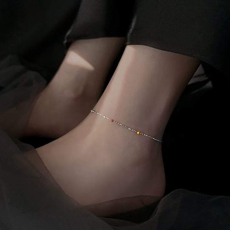 1pcs 999 Sterling Silver Mixed Bead Color Enamel Anklet, Bohemian Minimalist Style, For Summer Beach Daily Wear & Women Holiday Gifts
