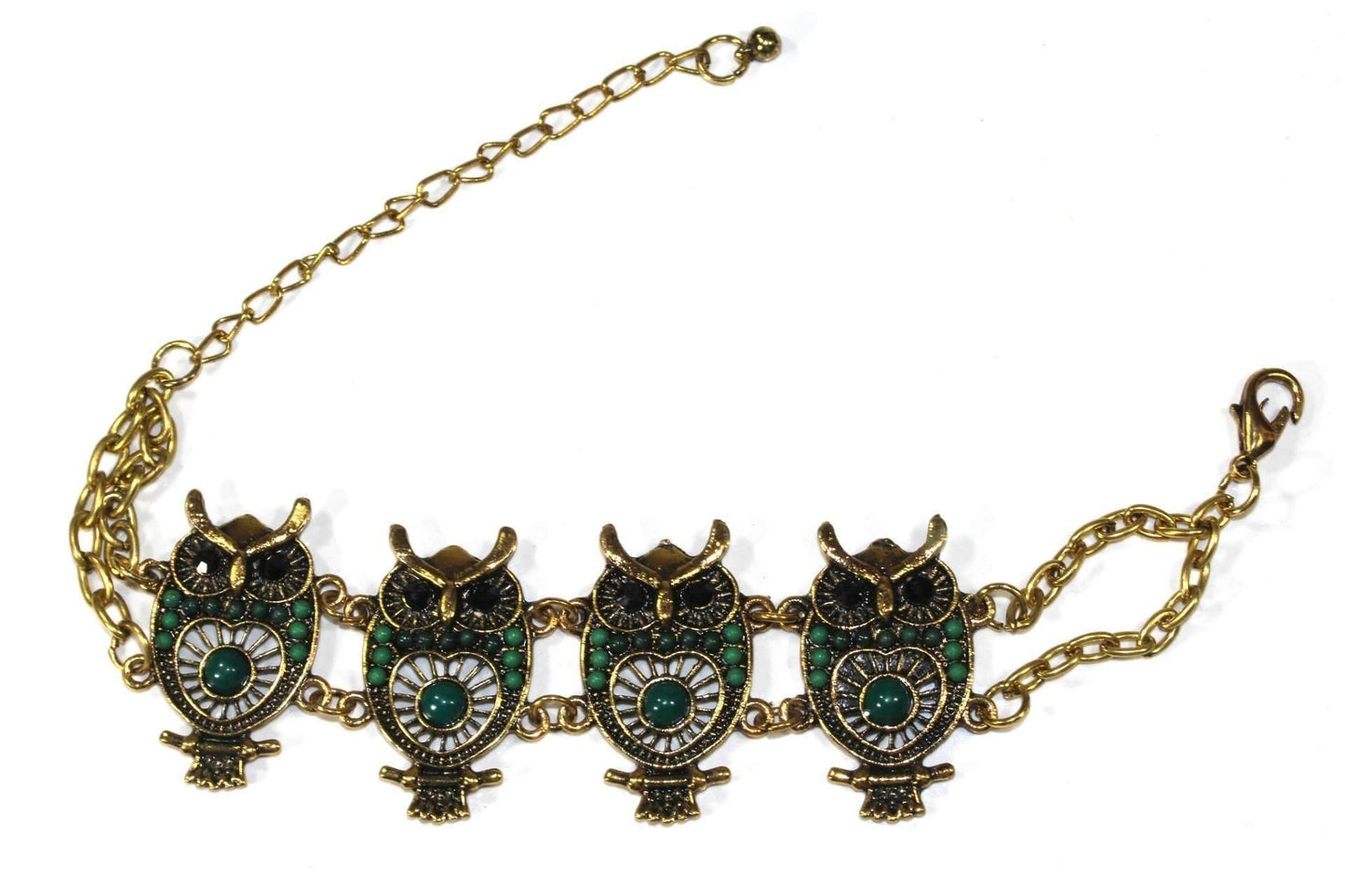 Handmade Gold Tone Owl Bracelet With Colorful Bead Drops