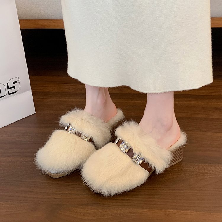 New Arrival Autumn Women's Low Heel Furry Slippers, Closed Toe Slip-On Lazy Outdoor Shoes With Rhinestones, Warm Cotton Slippers
