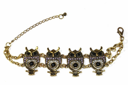 Bracelet hibou fait main couleur or avec perles colorées