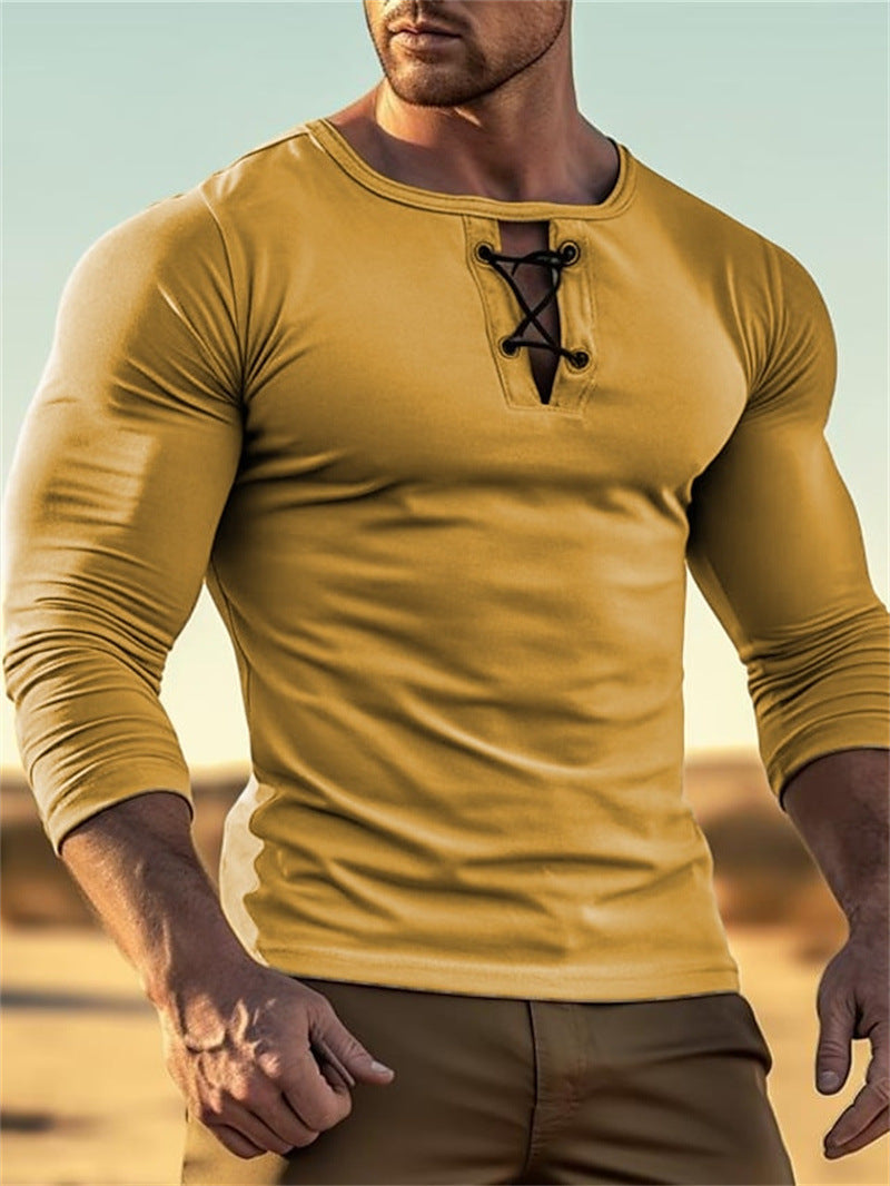 Mens Round-neck Solid-color Long-sleeve Top With Buttons