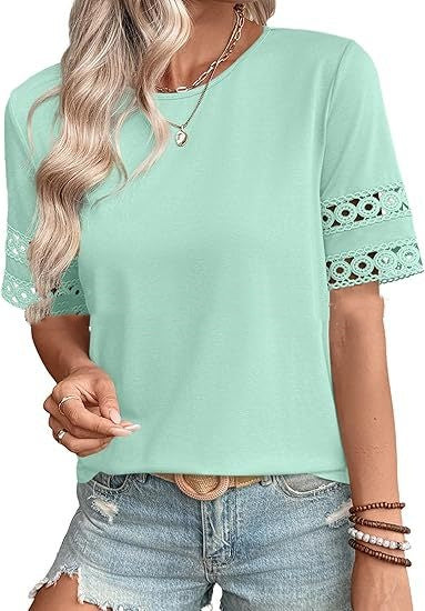 Womens Round-Neck Hollow Short-Sleeve Shirt T-Shirt