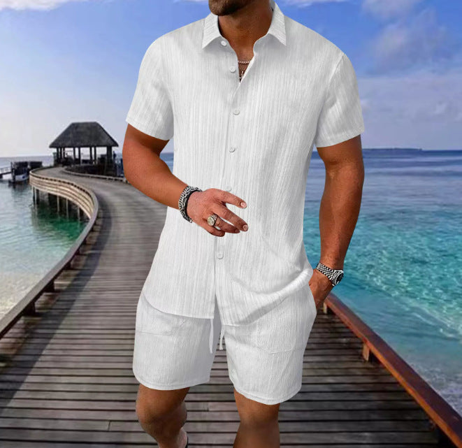 Seaside Casual Trendy Shirt With A Turn-down Collar And Short Sleeves Set