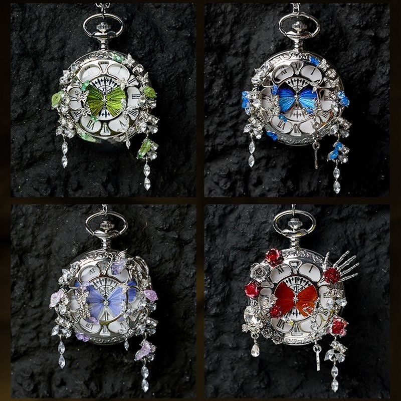 Couples Teal And Green Butterfly Animated Pocket Watch For Graduation Season