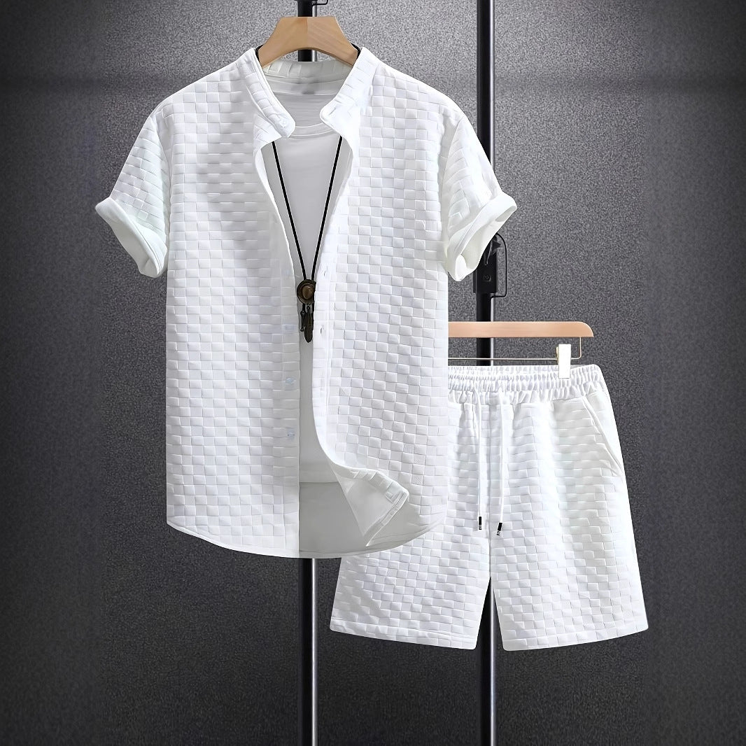 Men's Jacquard Casual Short Sleeve Shirt Outfit