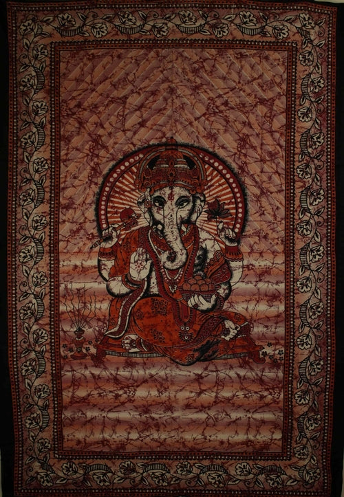 Red Ganesha Batik Tie Dye Tapestry Twin Size Wall Hanging