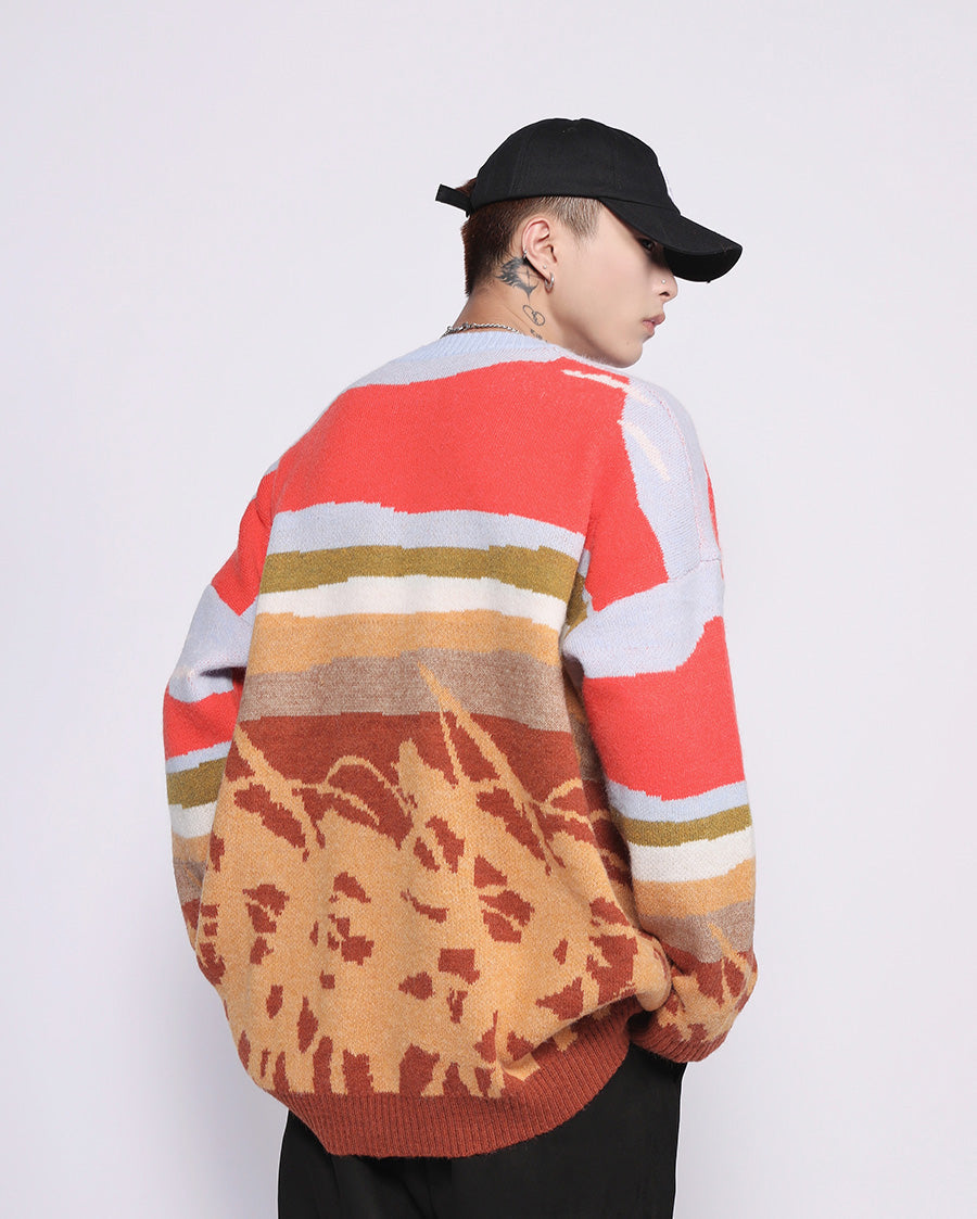 Pull en tricot motif scène agricole