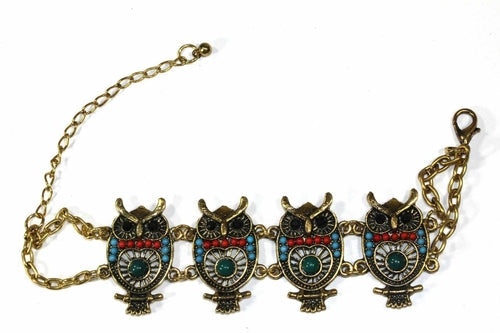 Bracelet hibou fait main couleur or avec perles colorées
