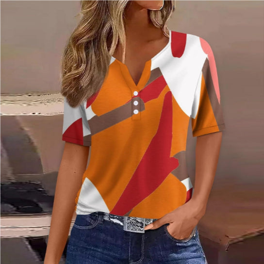Women's Sequin Stitching Floral Three-button V-neck Short Sleeve