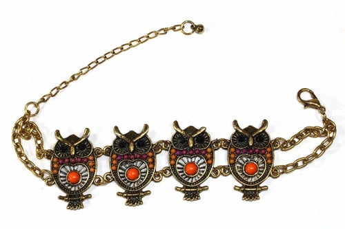 Bracelet hibou fait main couleur or avec perles colorées