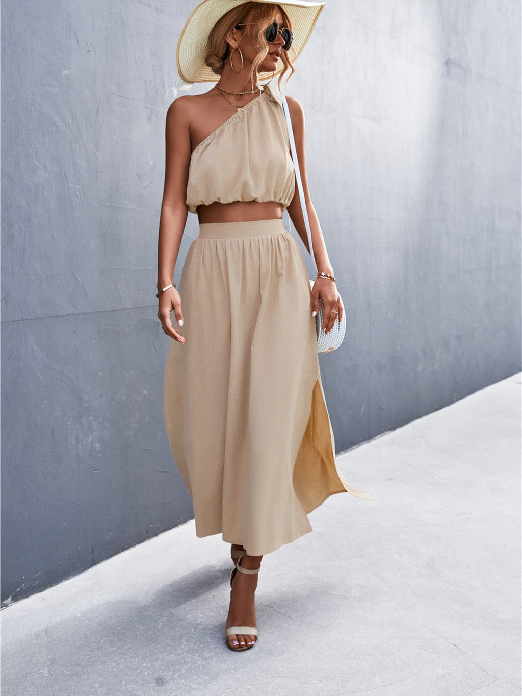Oblique Shoulder Lace-Up Vest Slit Skirt Suit
