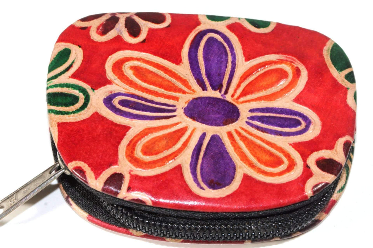 Groovy Flower Leather Coin Purse Embossed Zip Compact