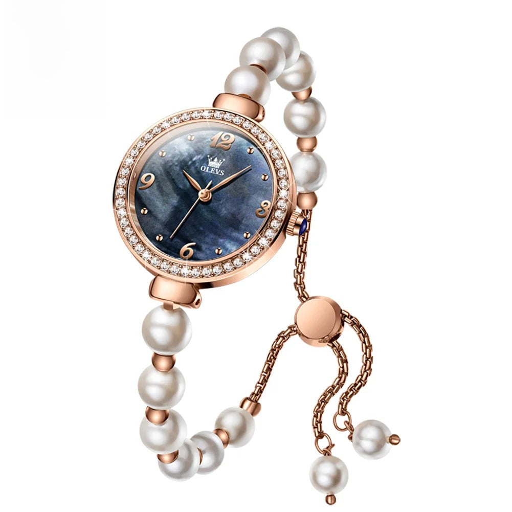 Montre Bracelet Femme Perles, Lunette Cristal Rose Doré