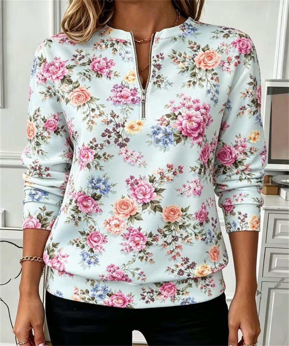 Women Half Zip Long Sleeve Sweatshirt, Gradient Cherry Blossom Floral Print Casual Pullover Top