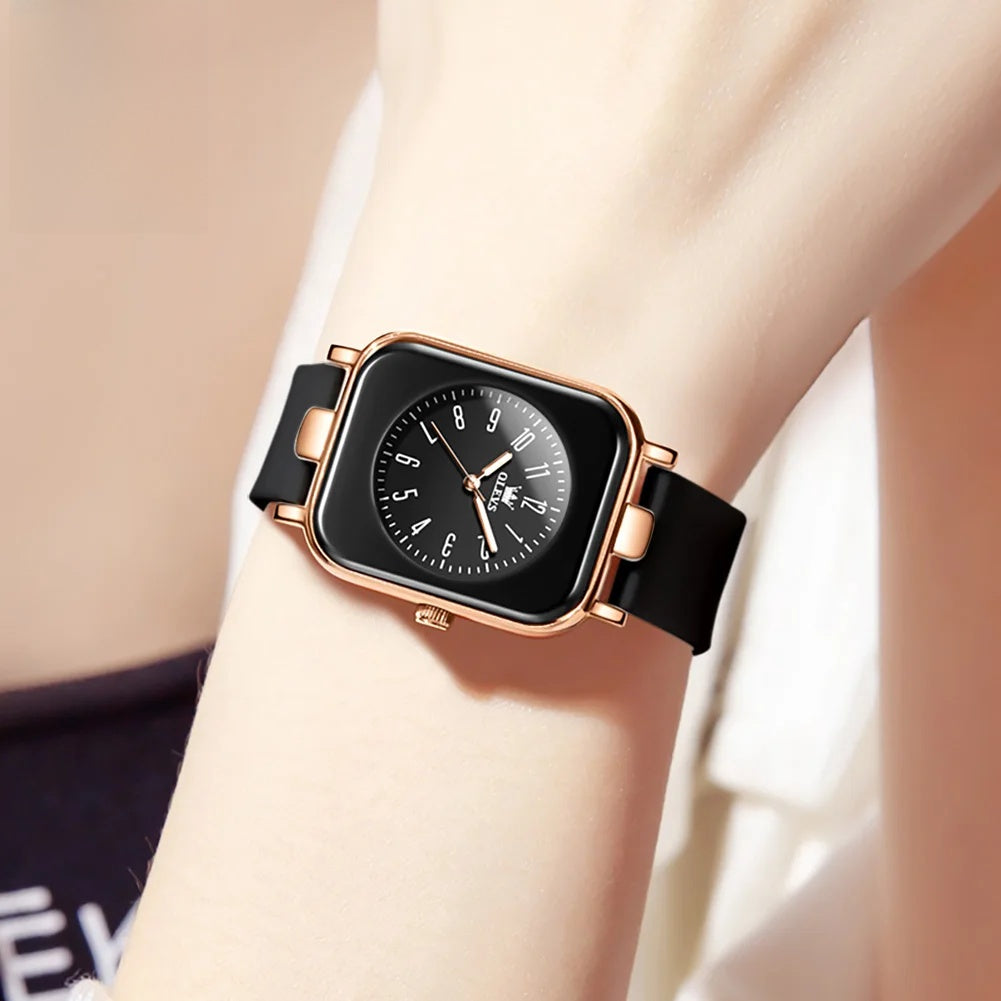 Damen Quarz-Armbanduhr, rechteckig, goldfarben, Silikonarmband