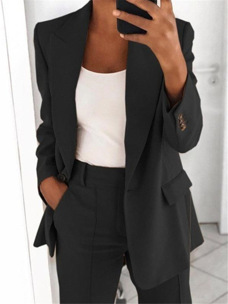Ins Button Casual Suit Fashion Long-sleeved Lapel Blazer Jacket And Slim-fit Pocket Trousers For Women Clothing