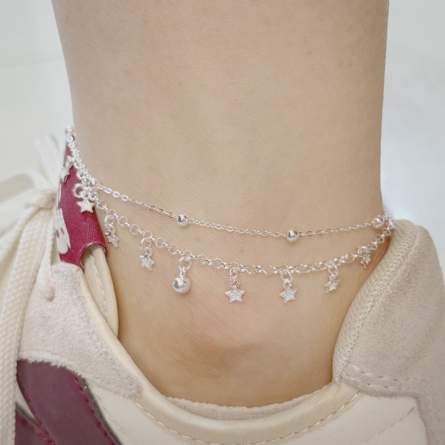 1pc 999 Sterling Silver Double-Layer Star & Bead Anklet, Delicate Luxurious Style, Perfect For Daily Wear & Valentine's Gifts