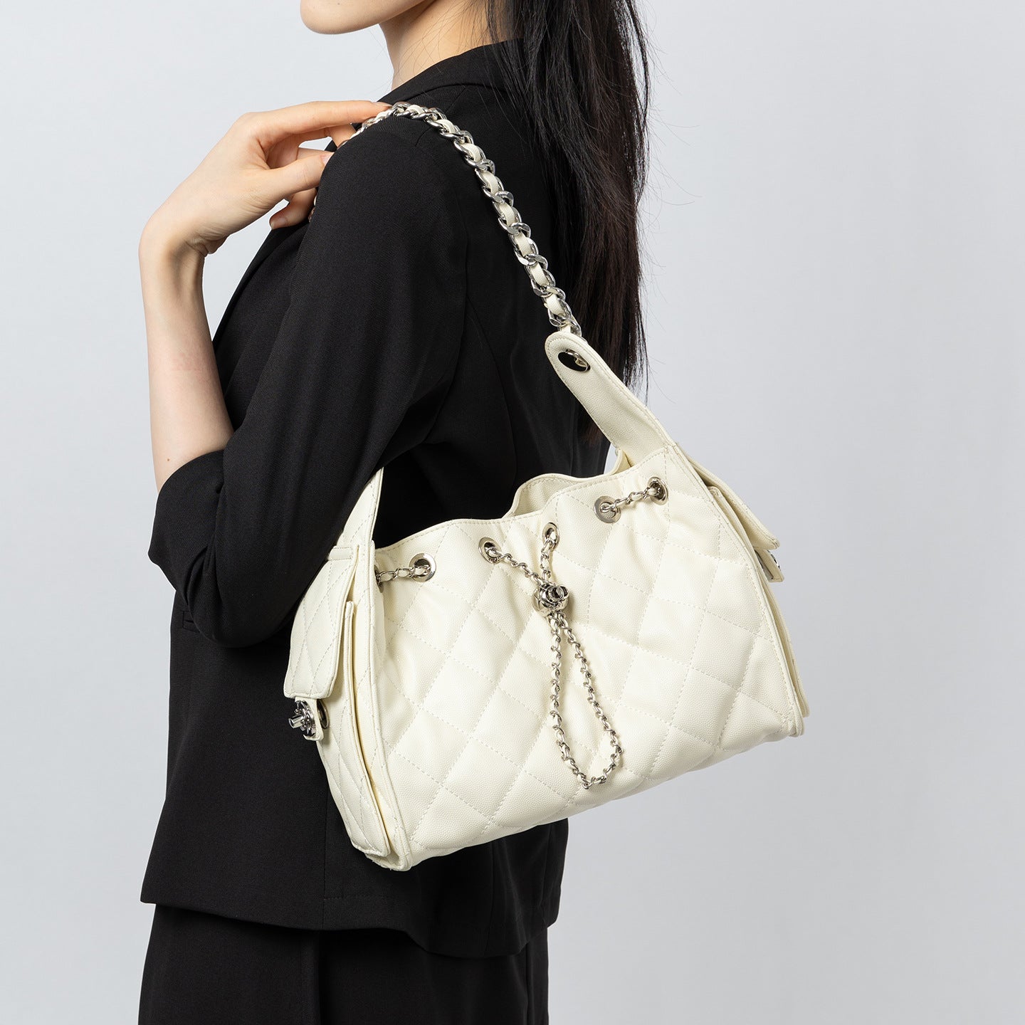Caviar-patterned Genuine Leather Hobo Shoulder Bag With A Diamond-quilted Design