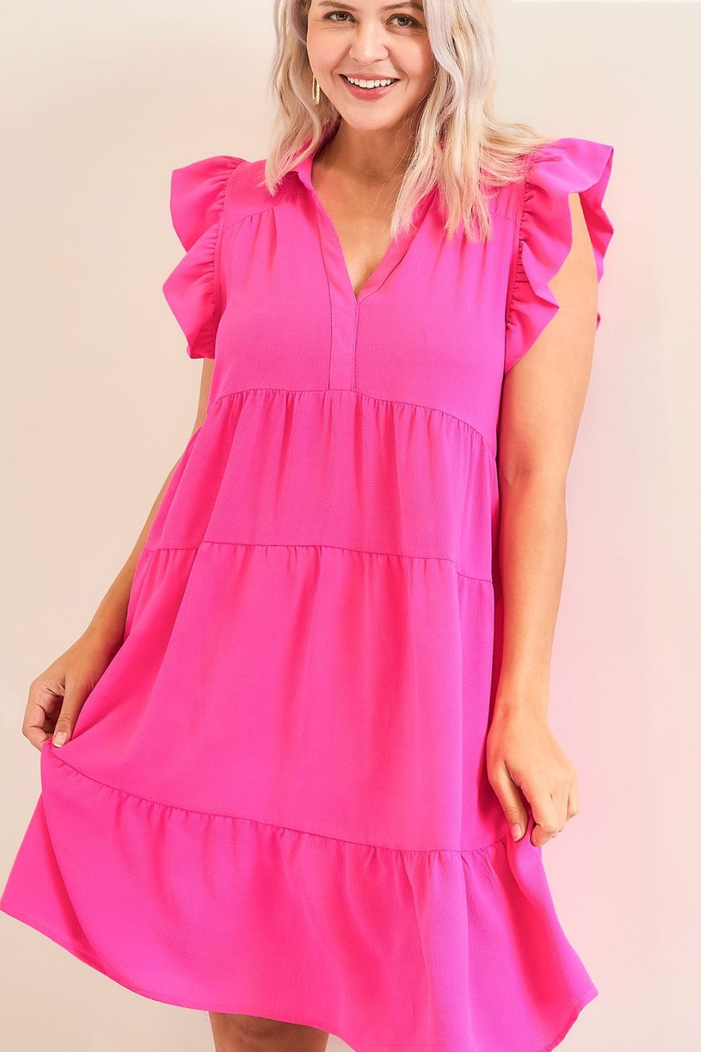 Pink Full Size Ruffle Cap Sleeve Dress Plus Size Elegant & Timeless Classic Design Dress