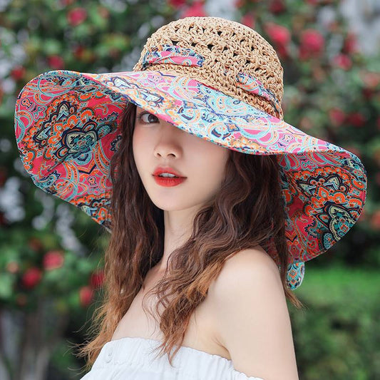 Women's Patterned Straw Beach Sun Hat – Round Crown UV Protection Summer Hat