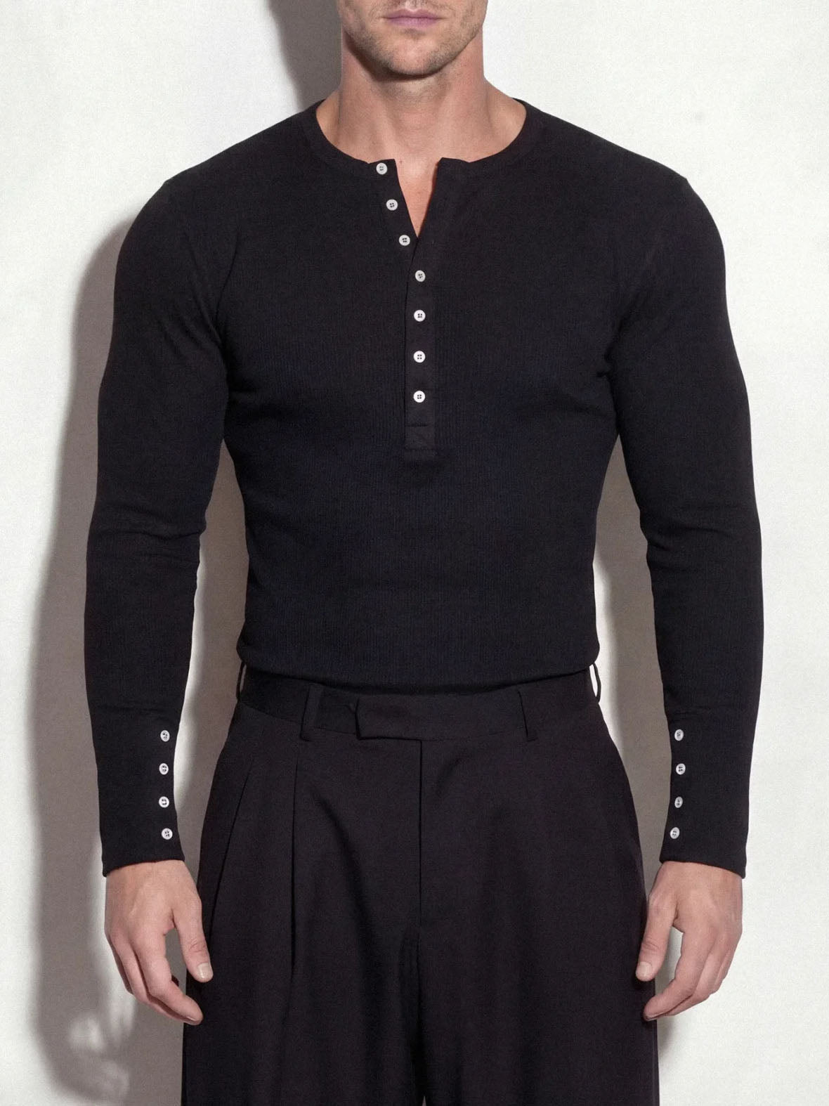 Black Henley Neck Ribbed Slim Fit Long Sleeve Knit Top