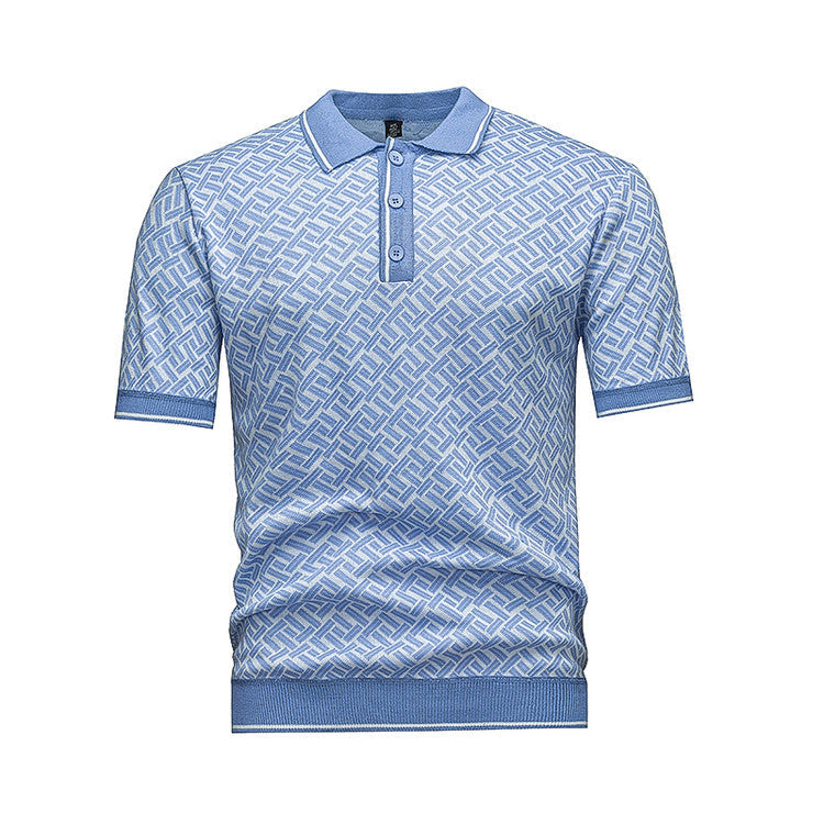 Men's Short Sleeve Knit Polo Shirt, Geometric Interwoven Pattern, Smart Casual, Black & Grey