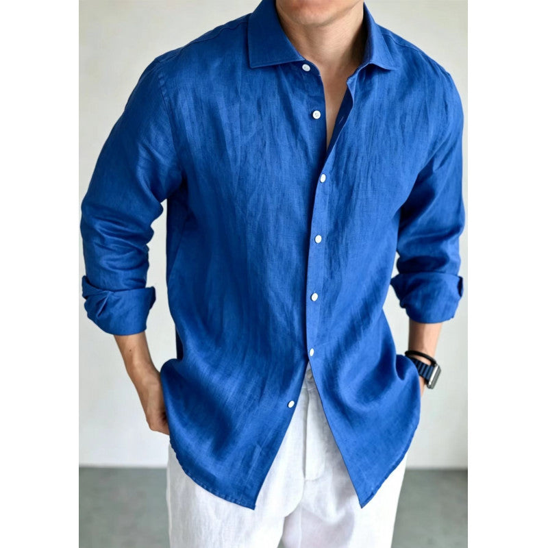Mens Navy Blue Linen Fashionable Casual Shirt