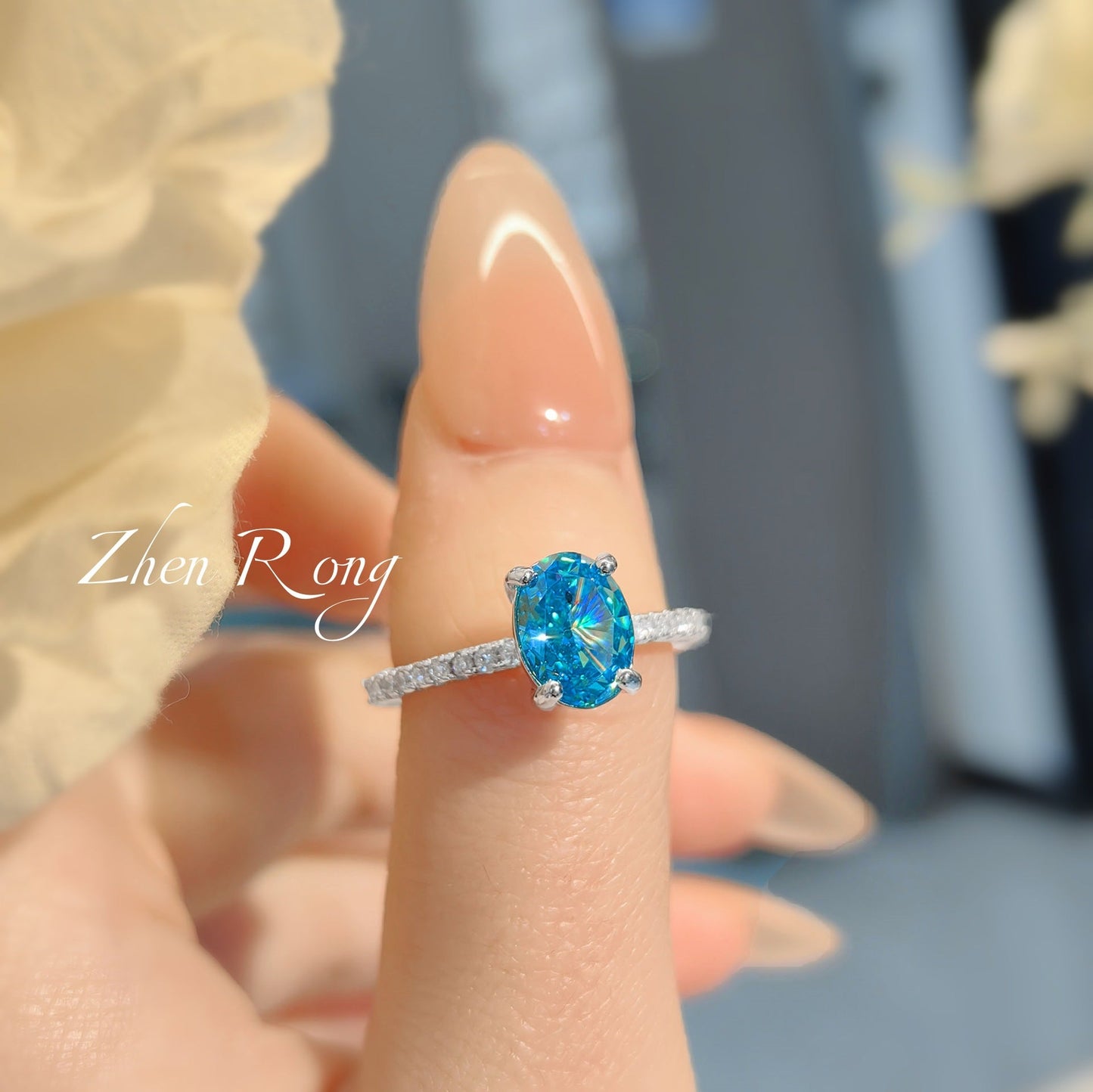 Oval Ocean Blue Simulated Zirconia Four Prong Ring Silver Tone Full Pave Band Women Daily Finger Ornaments