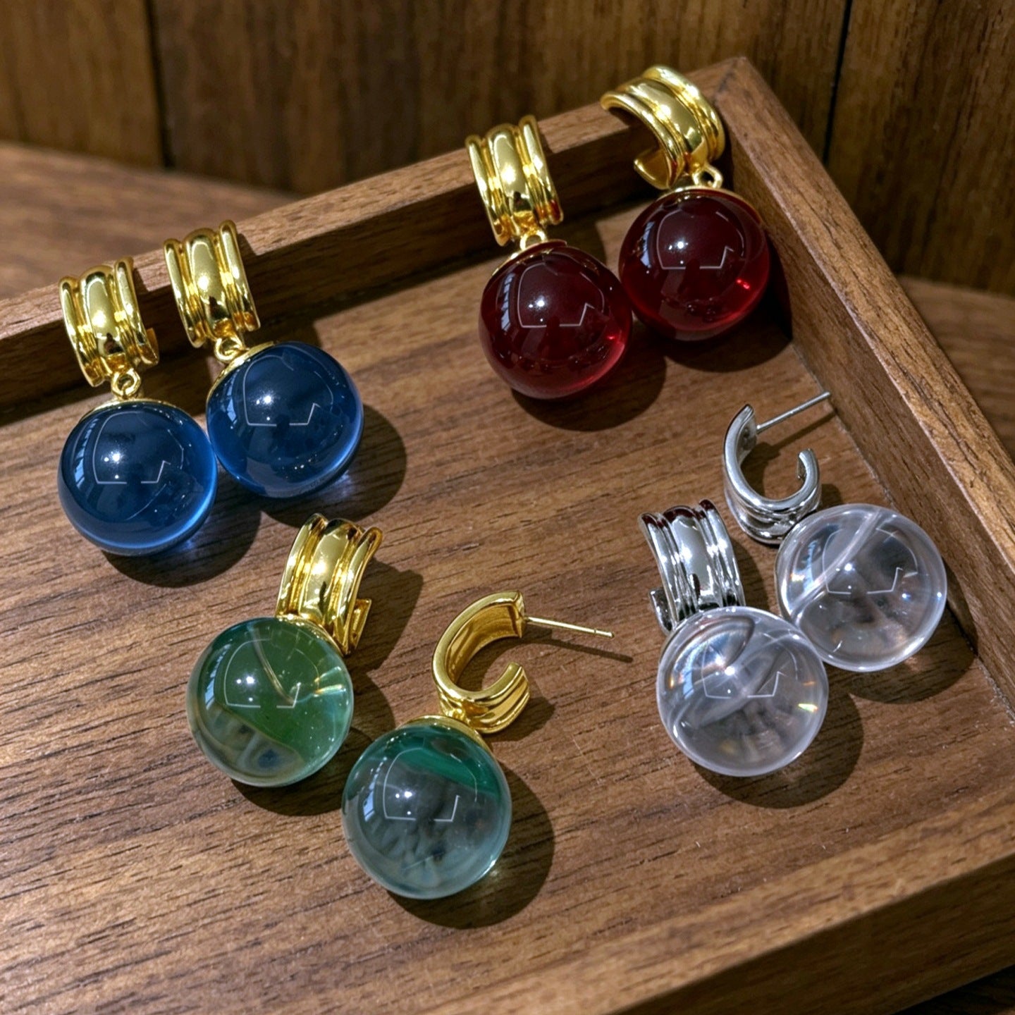 Monet Garden Colorful Crystal Ball C-Shaped Earrings French Style
