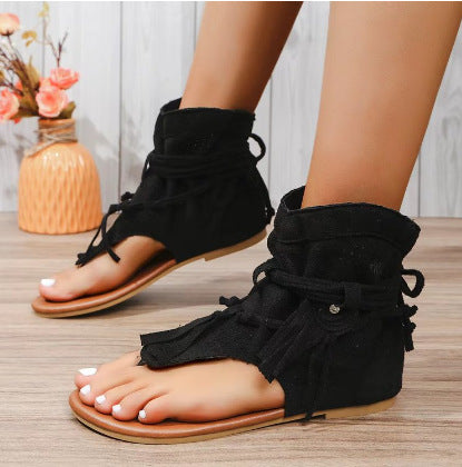 Retro Flat Bottom Tassel Hollow Toe Sandals