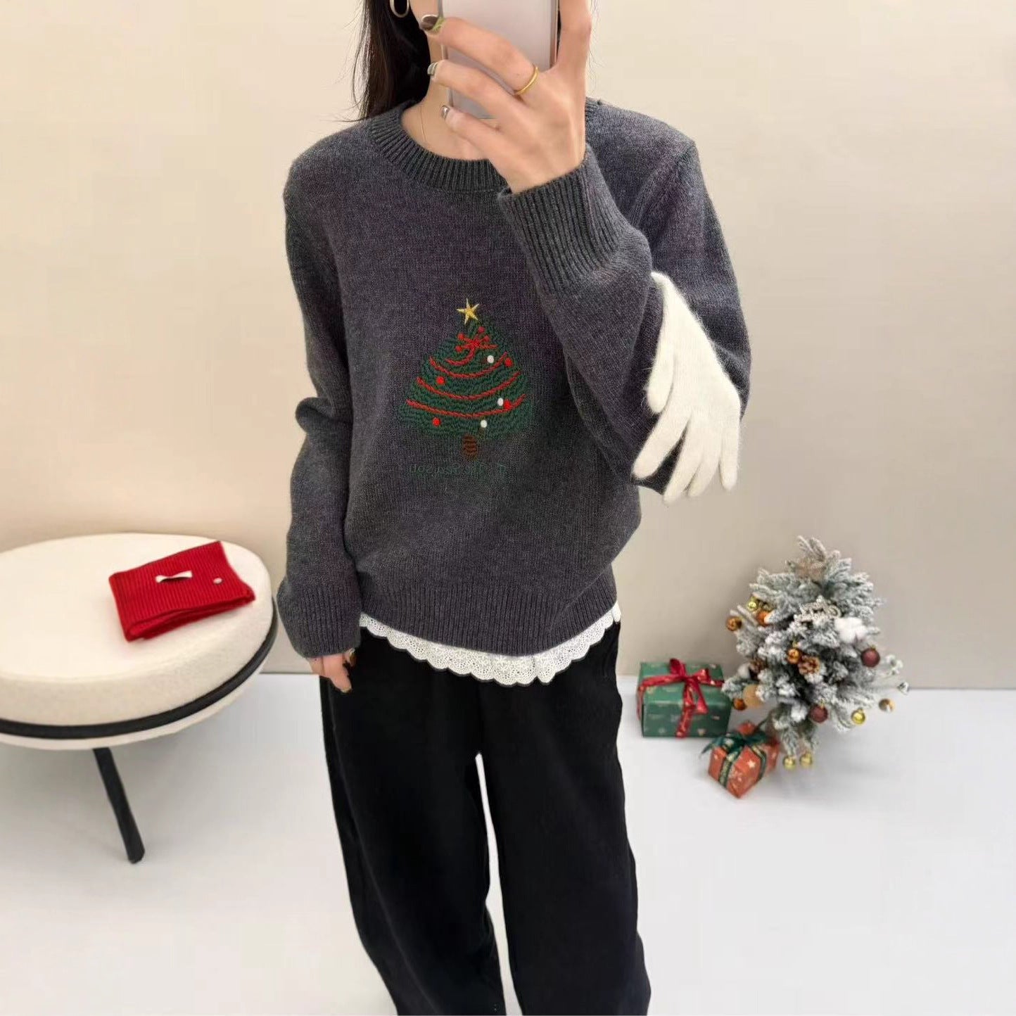 Womens Christmas Tree-Print Thermal Lace-Patchwork Sweater Preppy-Style Pullover Sweater