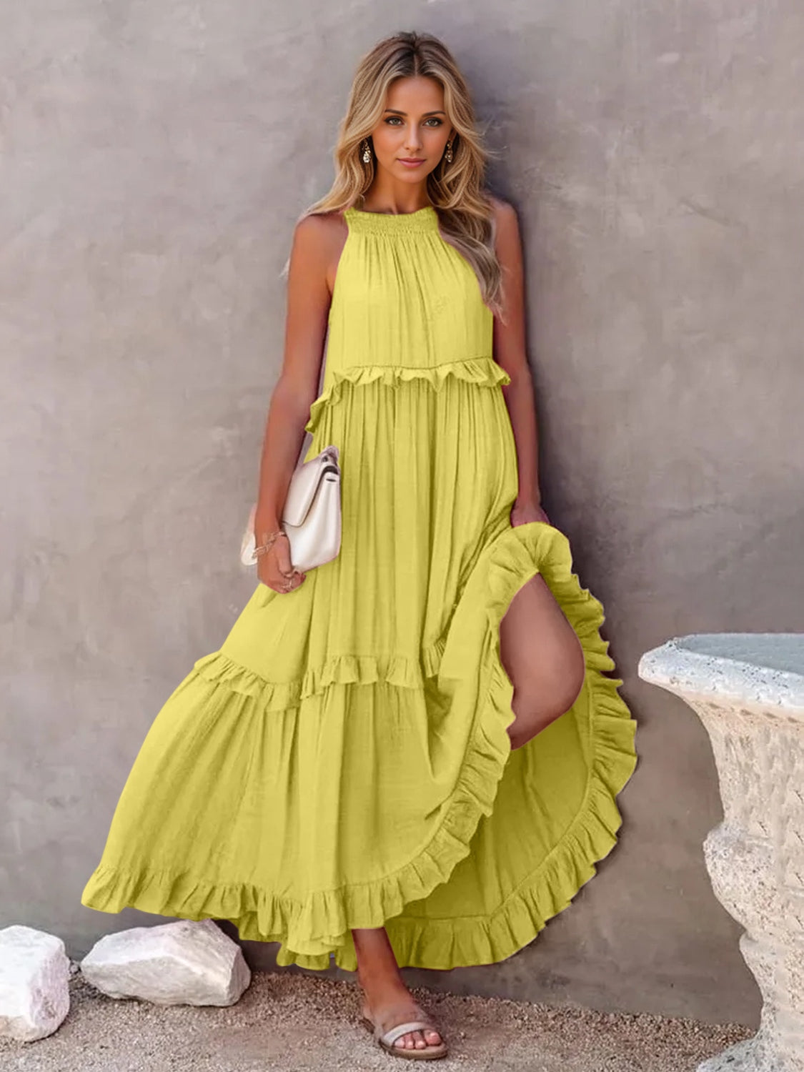 Romantic Ruffled Sleeveless Tiered Maxi Dress with Pockets Elegant & Chic Statement Beautiful Design Dress