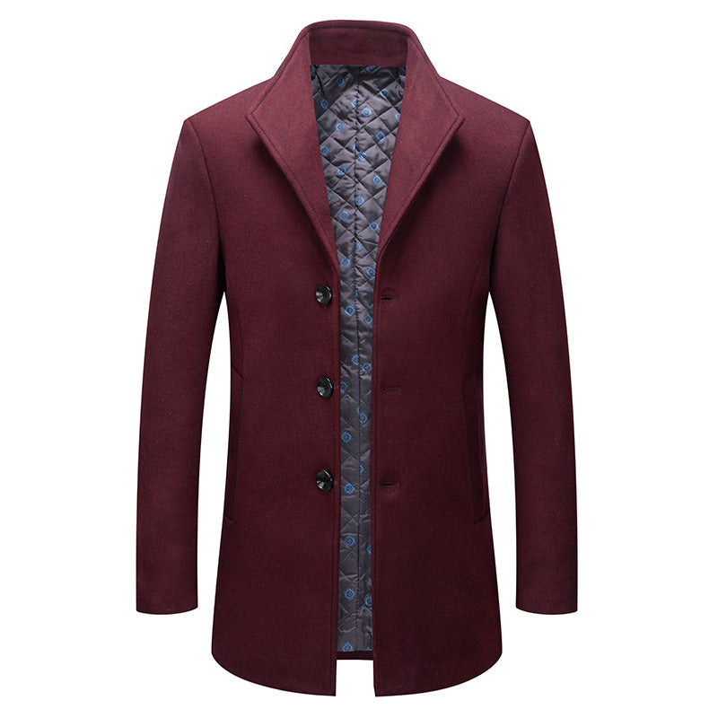 Stand-collar Cotton-lined Wrinkle-resistant Mid-length Wool Coat