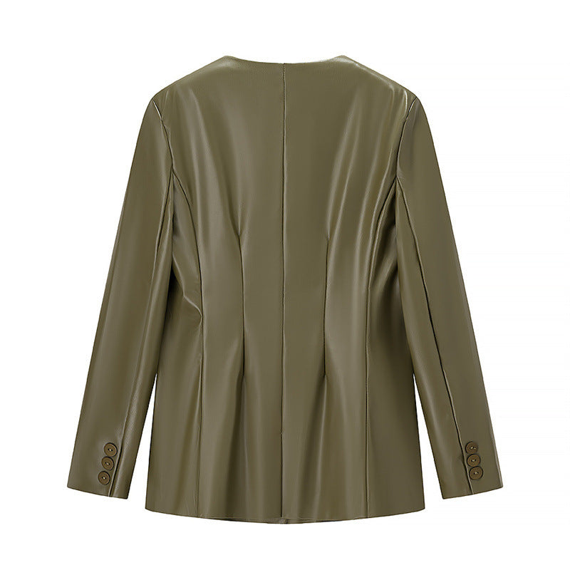 Women's Long-sleeved V-neck Leather Jacket