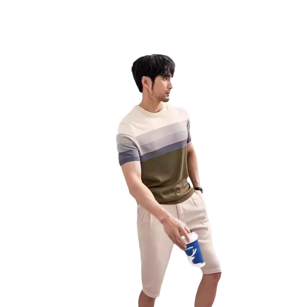 Summer New Light Mature Short Sleeve Knitted Sweater Men Gradient Color Block Stripe
