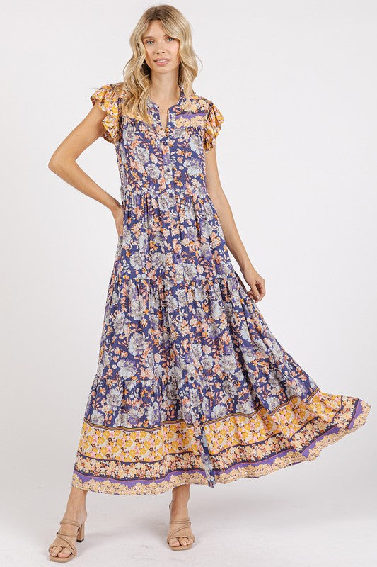 Floral Ruffled Notched Cap Sleeve Maxi Summer Dress For Women – Bohemian Chic Dress with Floral Print and Ruffled Details