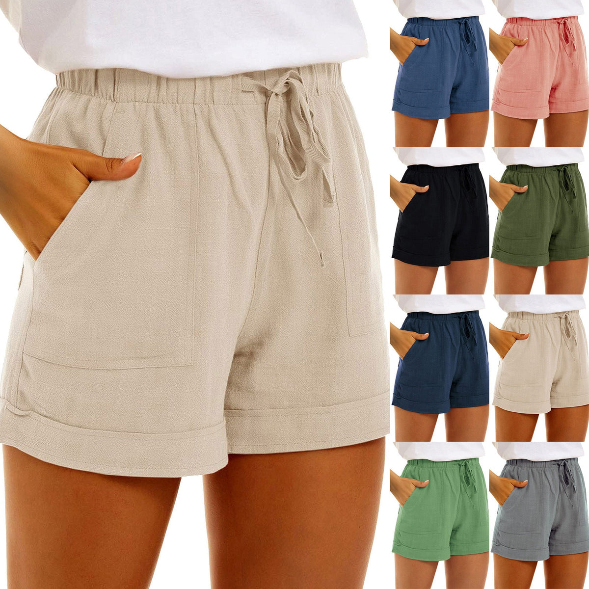 Cross-border Hot Sale Ladies Solid Color Cotton Linen Pocket Strap High Waist Casual Shorts