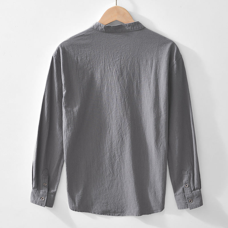 Chinese-style V-neck Pullover Cotton-linen Shirt