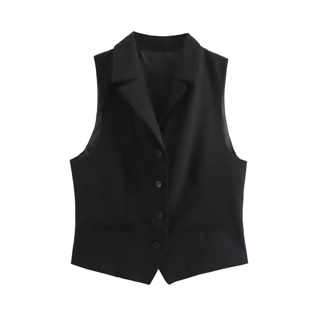 Womens Solid-Color Elegant Lapel Sleeveless Single-Breasted Vest
