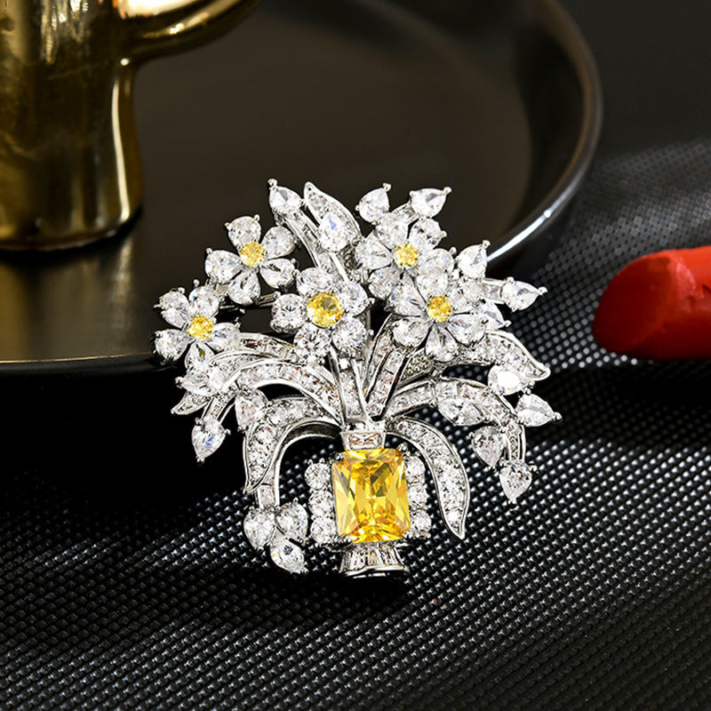 Exquisite Floral Basket Yellow-diamond Brooch Niche Design Statement Corsage